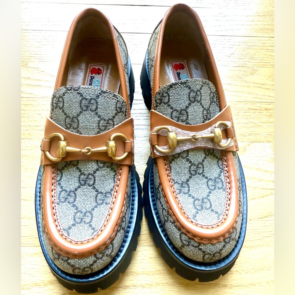 Gucci Tan and Brown Women's Loafers with Gold Detail